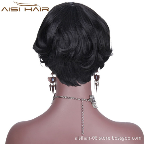 Synthetic Short Wavy Pixie Cut Wig With Bangs Natural Black Color Heat Resistant Fiber Wigs For African American Women